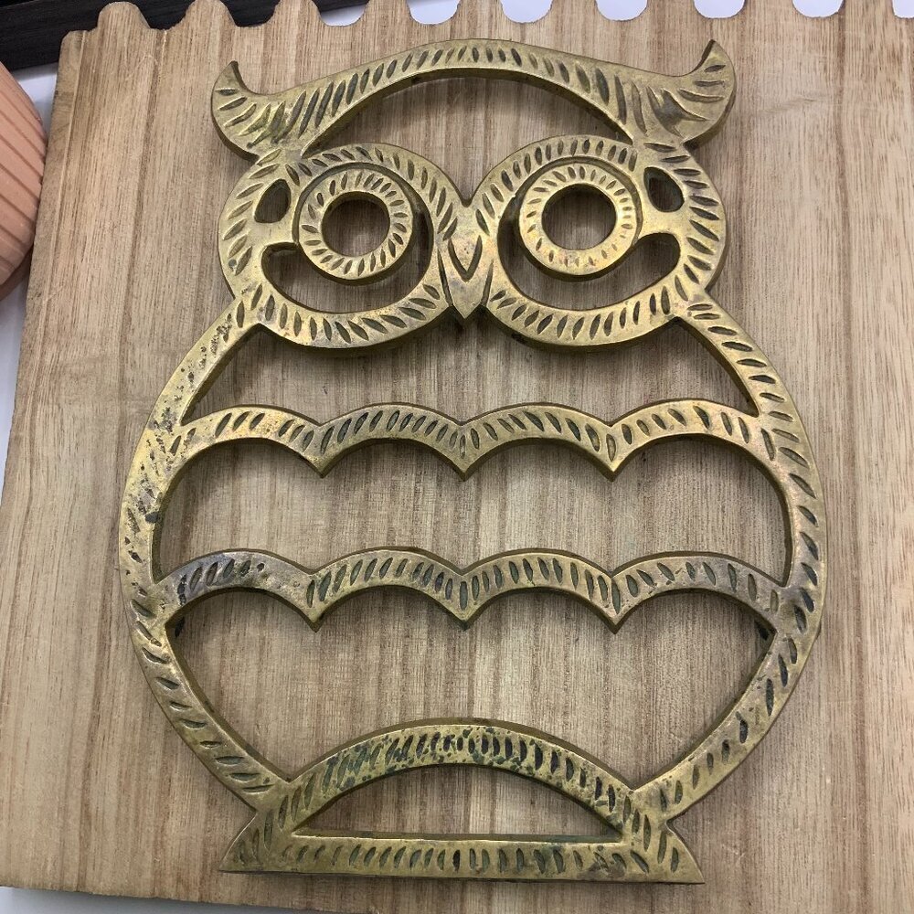 Owl Vintage Gold Tone Brass Etched Trivet
